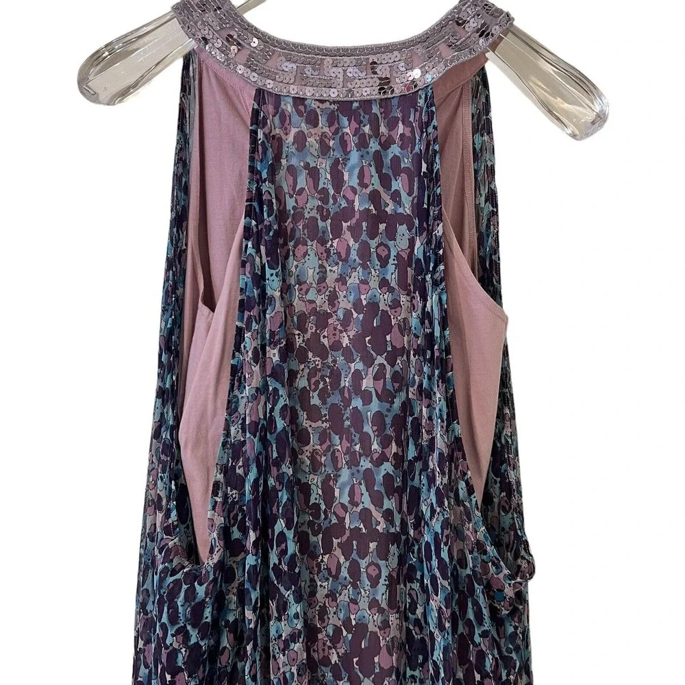 🌵 Free People Purple Blue Silver Sequins Neckline Flowy Dress with Under Dress